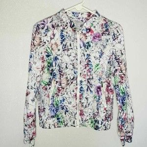 H&M Womens Crop Jacket Watercolor Floral Gold Zipper Pockets Mandarin Co…